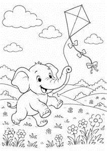 Elefant flyver med drage på en eng – tegning til print