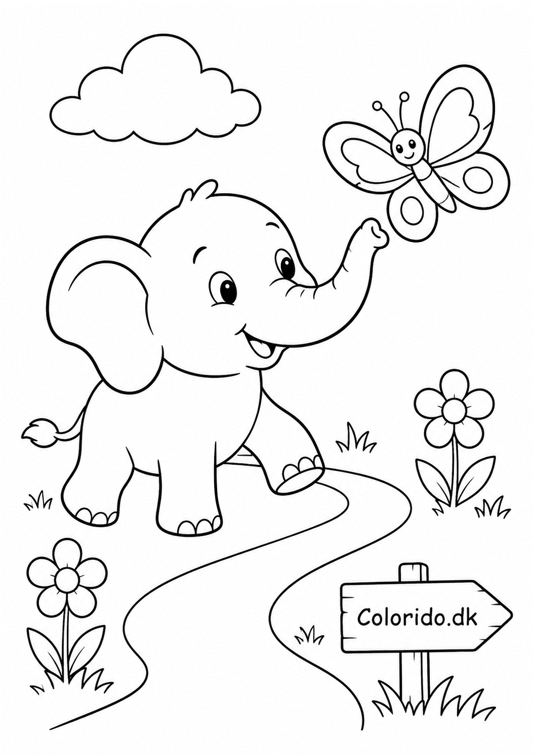 Elefant følger en sommerfugl – nem tegning til print