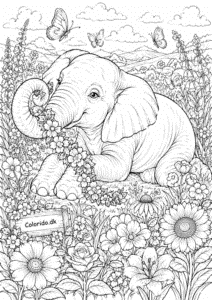 Elefant i blomstereng med sommerfugle – svær farvelægning