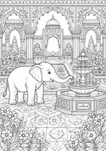 Elefant i smuk paladshave – detaljeret elefant tegning