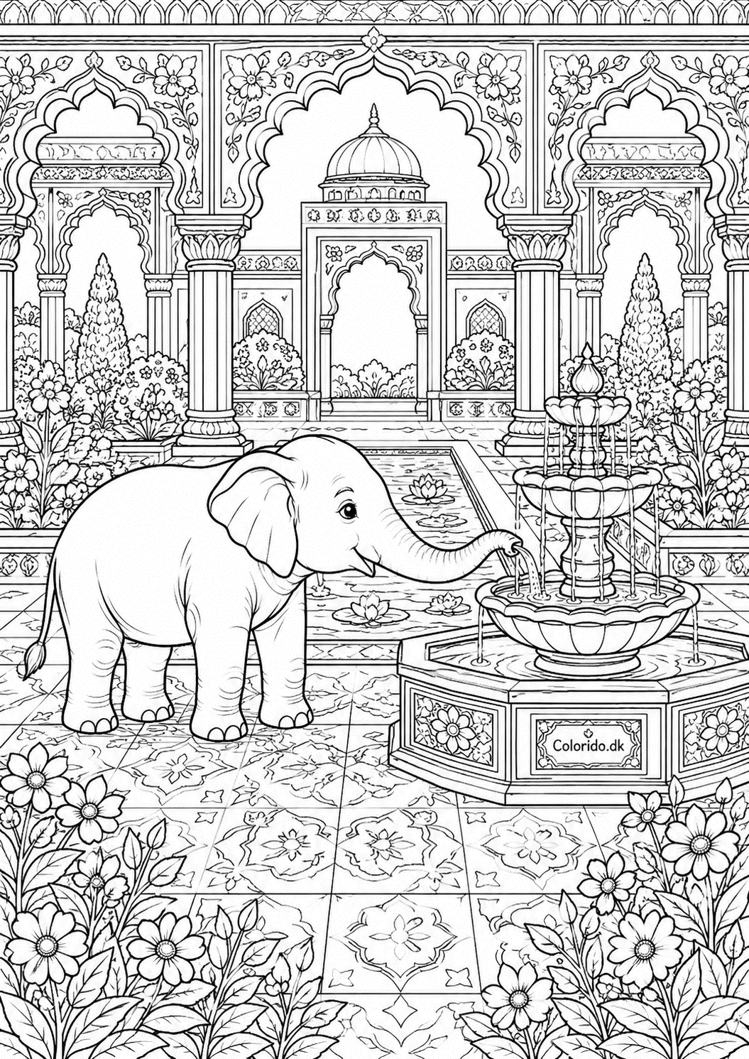 Elefant i smuk paladshave – detaljeret elefant tegning