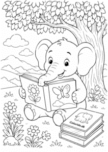 Elefant læser en bog under et træ – gratis elefant tegning