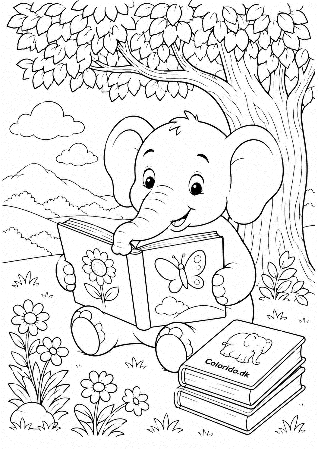 Elefant læser en bog under et træ – gratis elefant tegning