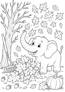 Elefant leger i efterårsblade – efterårstegning til print