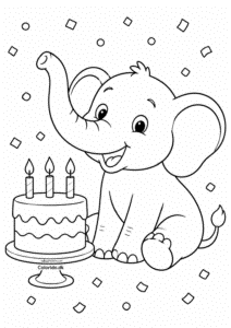 Elefant med fødselsdagskage – tegning til børn