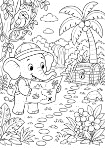 Elefant på skattejagt i junglen – detaljeret tegning