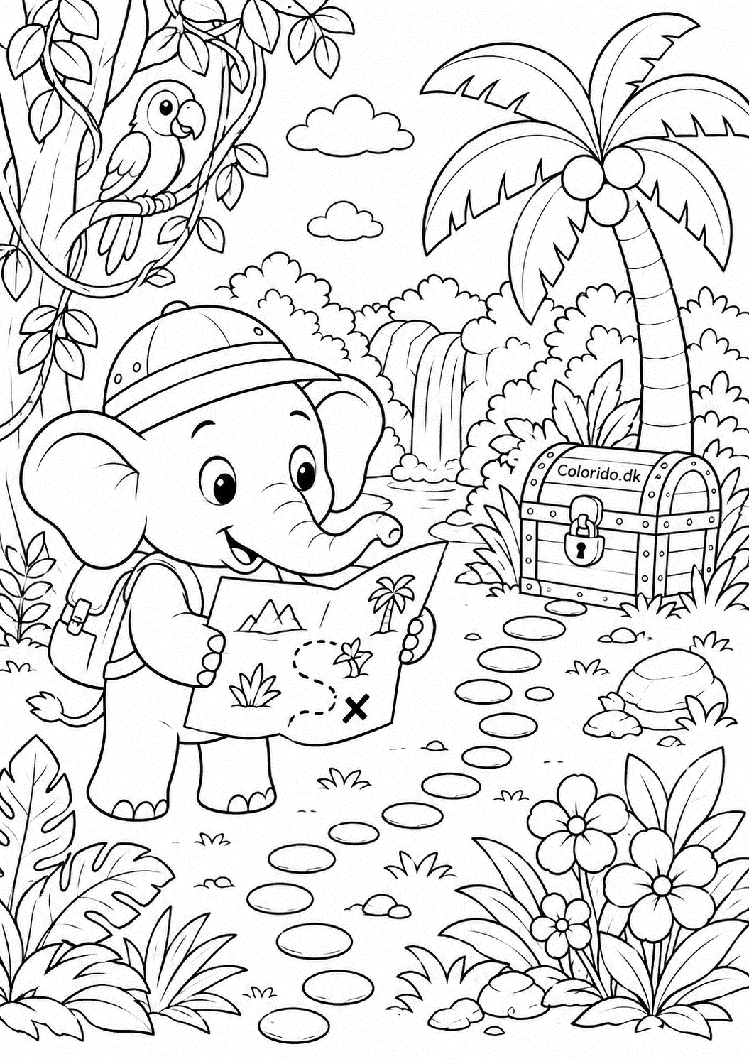 Elefant på skattejagt i junglen – detaljeret tegning
