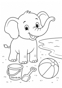 Elefant på stranden med bold og spand – sommertegning