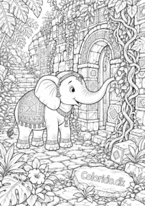 Elefant udforsker gammelt jungletempel – detaljeret tegning