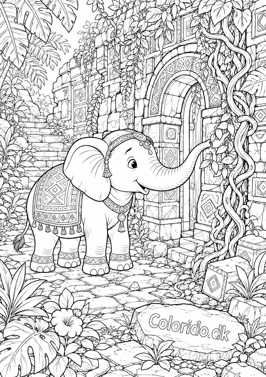 Elefant udforsker gammelt jungletempel – detaljeret tegning