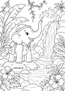 Elefant ved et vandfald i junglen – svær elefant tegning