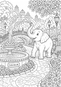Elefant ved springvand i byparken – avanceret tegning