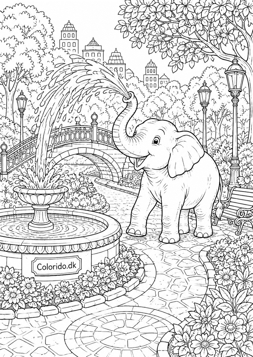 Elefant ved springvand i byparken – avanceret tegning