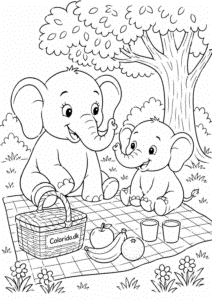Elefantfamilie på picnic – gratis tegning til print
