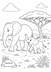 Elefantmor og elefantunge på savannen – elefant tegning