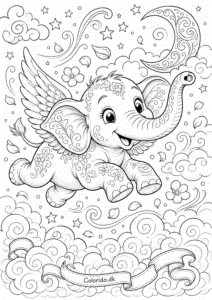 Flyvende elefant mellem skyer og stjerner – fantasitegning