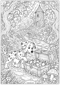 Hund finder en skat i eventyrskoven – fantasifuld tegning til print