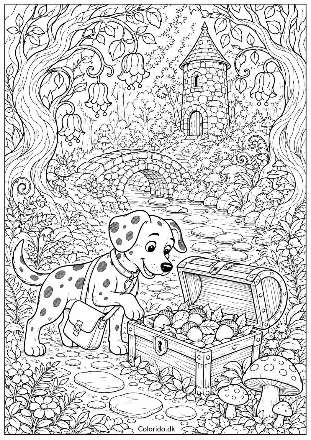 Hund finder en skat i eventyrskoven – fantasifuld tegning til print