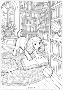 Nysgerrig hund i et hyggeligt bibliotek – detaljeret farvelægningsside