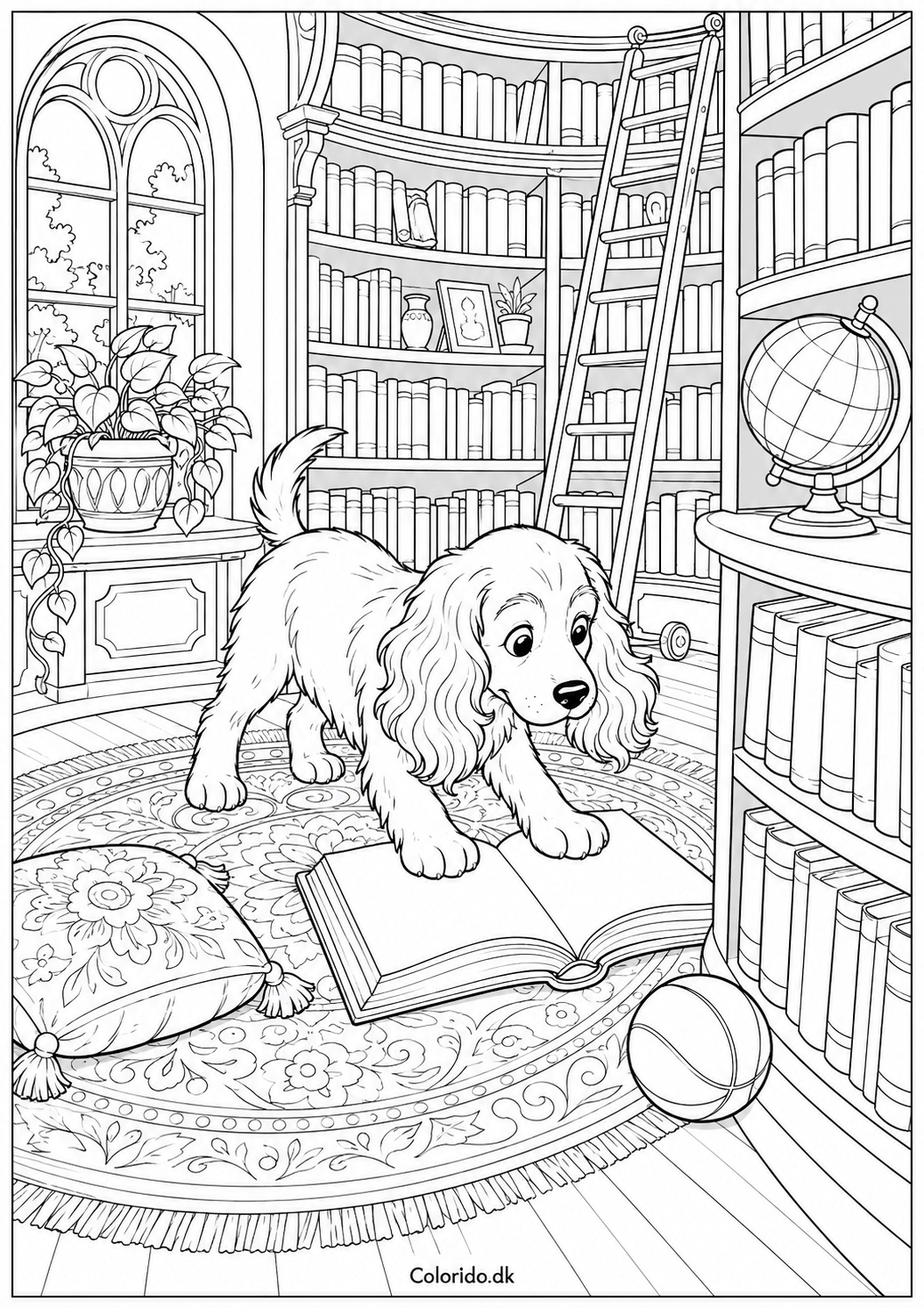 Nysgerrig hund i et hyggeligt bibliotek – detaljeret farvelægningsside