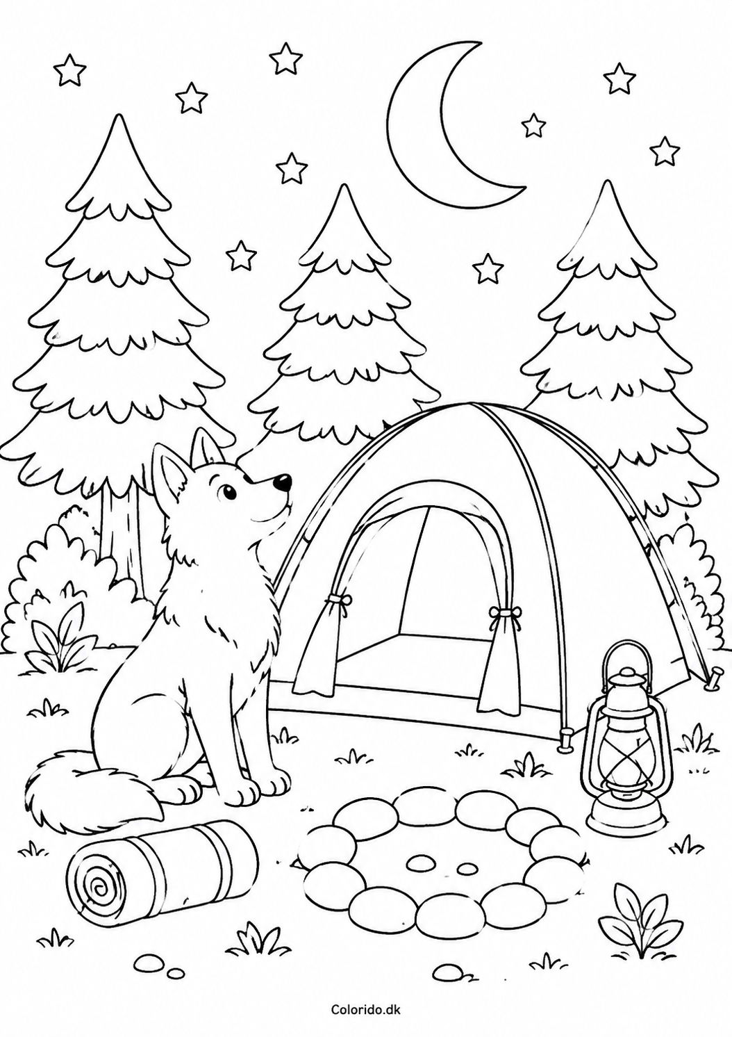 Hund på campingtur i skoven – hyggelig hundetegning til print
