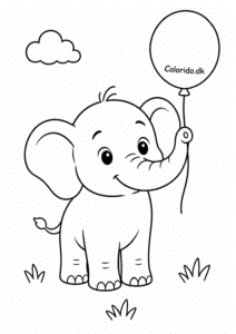 Lille elefant med ballon – tegning til farvelægning