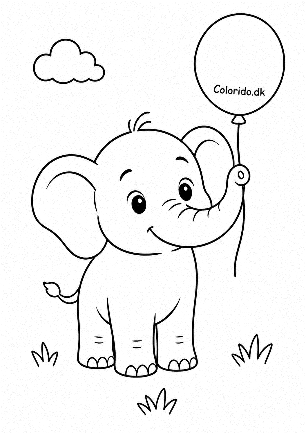 Lille elefant med ballon – tegning til farvelægning