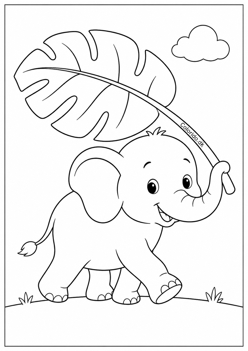 Lille elefant med stort blad – nem tegning til print
