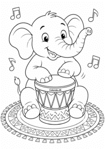 Musikalsk elefant spiller tromme – sjov malebogstegning