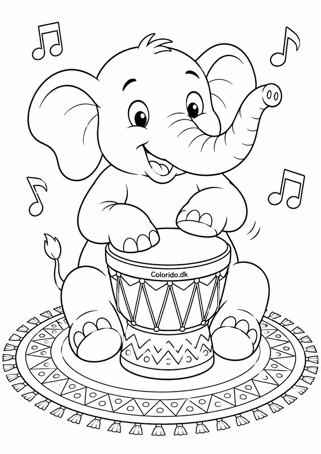 Musikalsk elefant spiller tromme – sjov malebogstegning