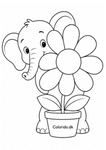 Sød elefant gemmer sig bag en blomst – børnetegning