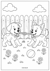 To nuttede hunde leger med reb – gratis tegning til print