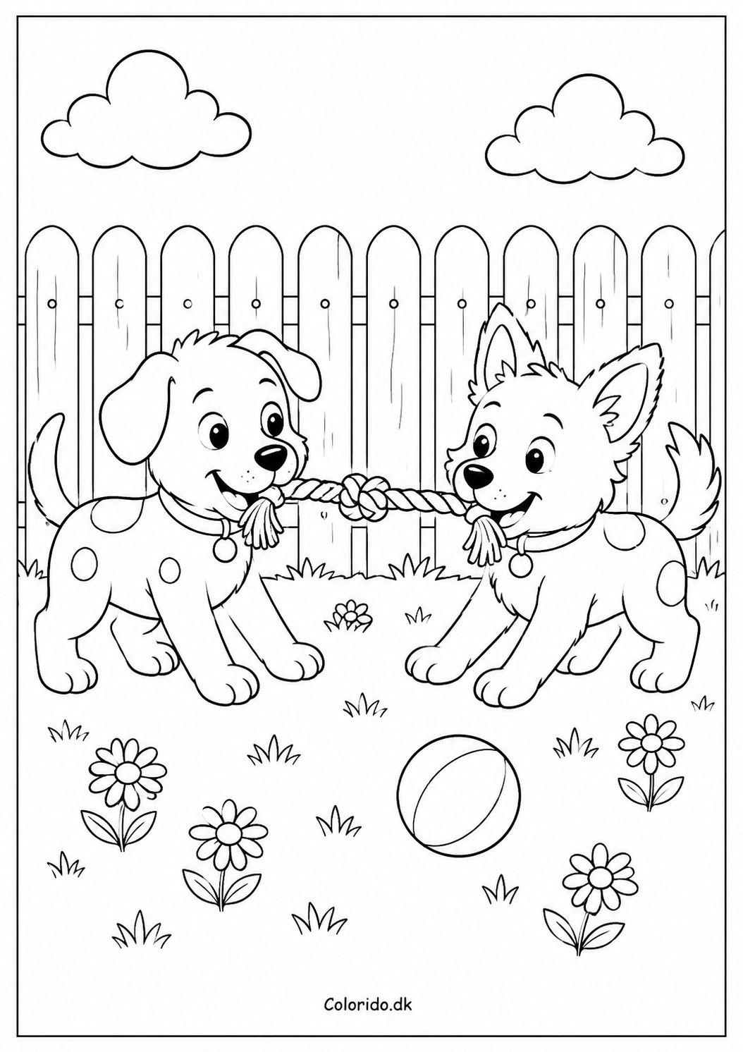 To nuttede hunde leger med reb – gratis tegning til print