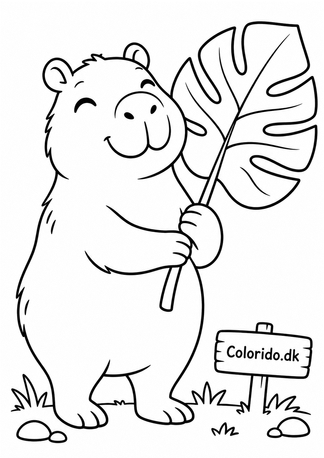 Sød capybara med tropisk blad – enkel tegning til farvelægning