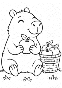 Glad capybara med æble – gratis tegning til print