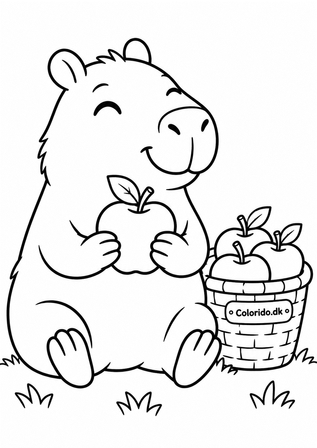 Glad capybara med æble – gratis tegning til print