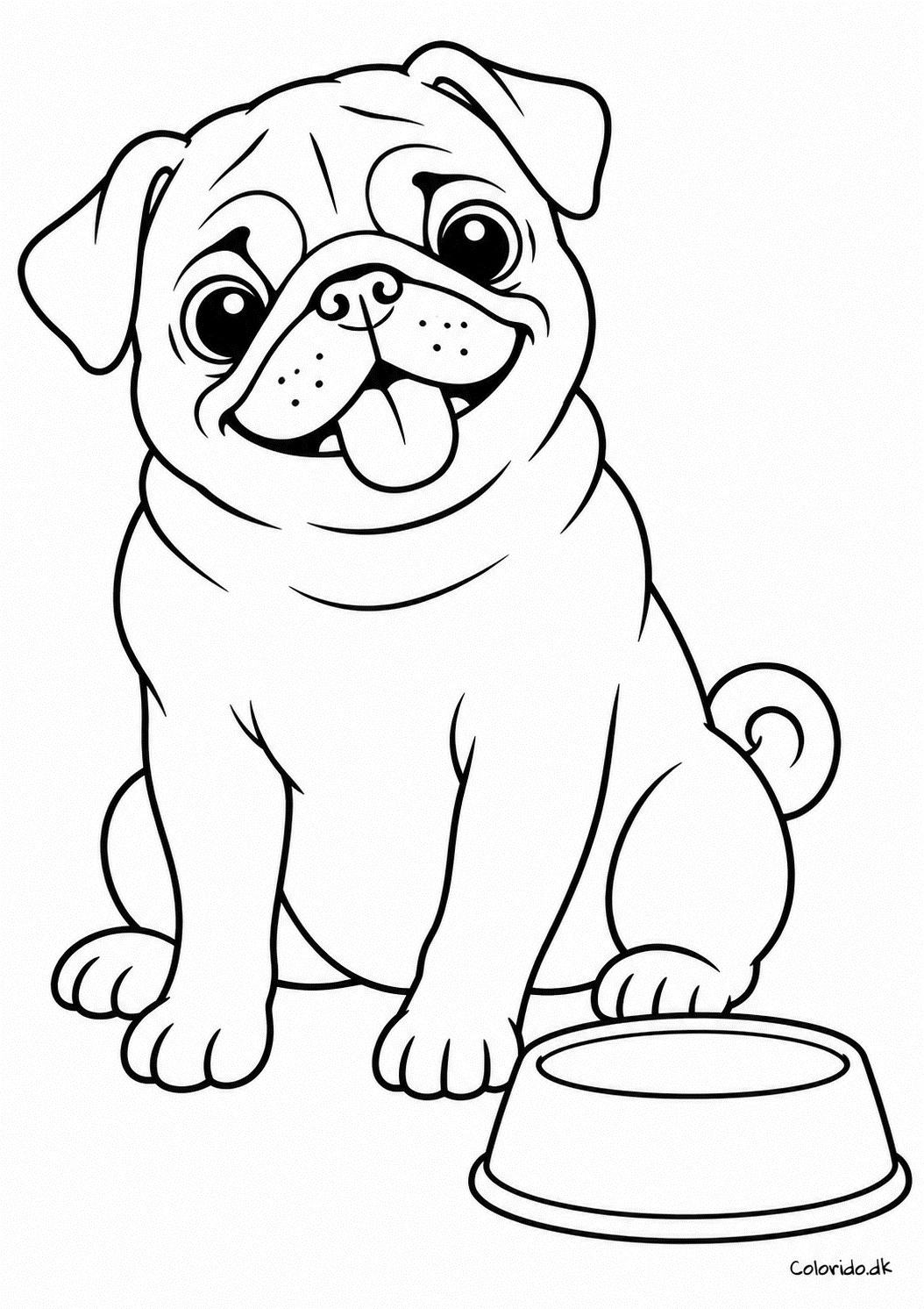 Glad mops med madskål – nem tegning af hund