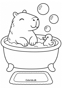 Capybara i badekar med badeand – gratis malebillede