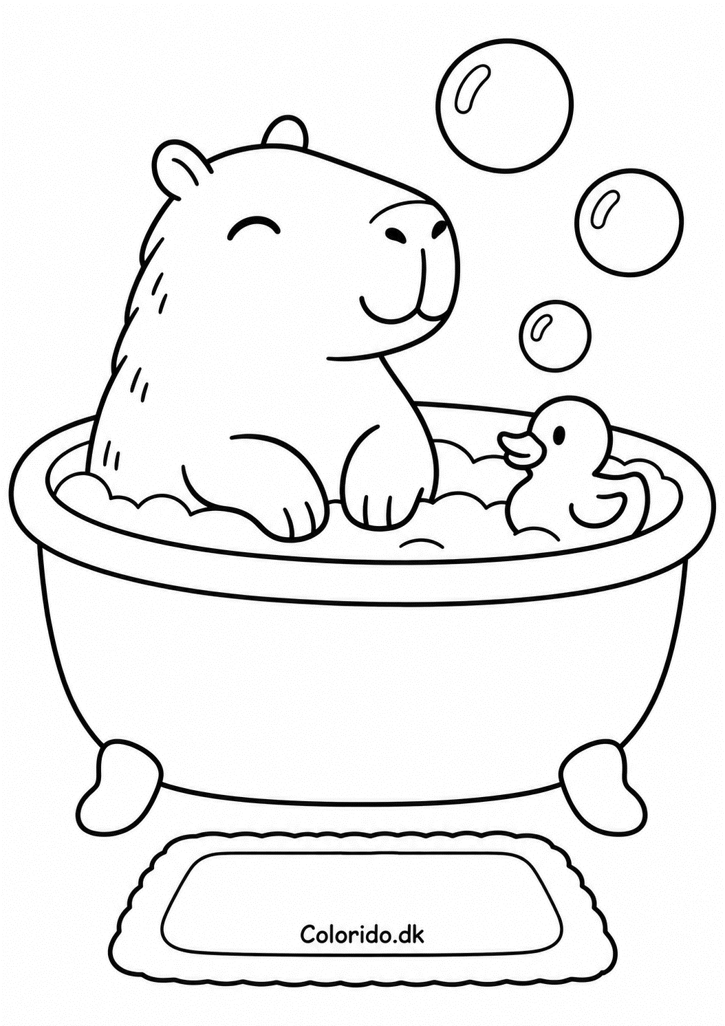 Capybara i badekar med badeand – gratis malebillede
