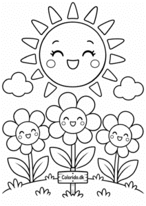 Glad kawaii sol med blomster – gratis farvelægning