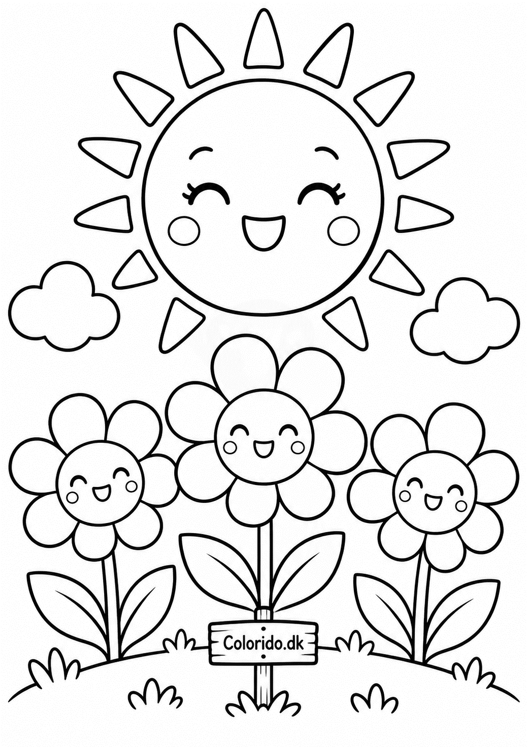 Glad kawaii sol med blomster – gratis farvelægning