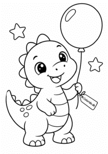 Lille kawaii dinosaur med ballon – tegning til print