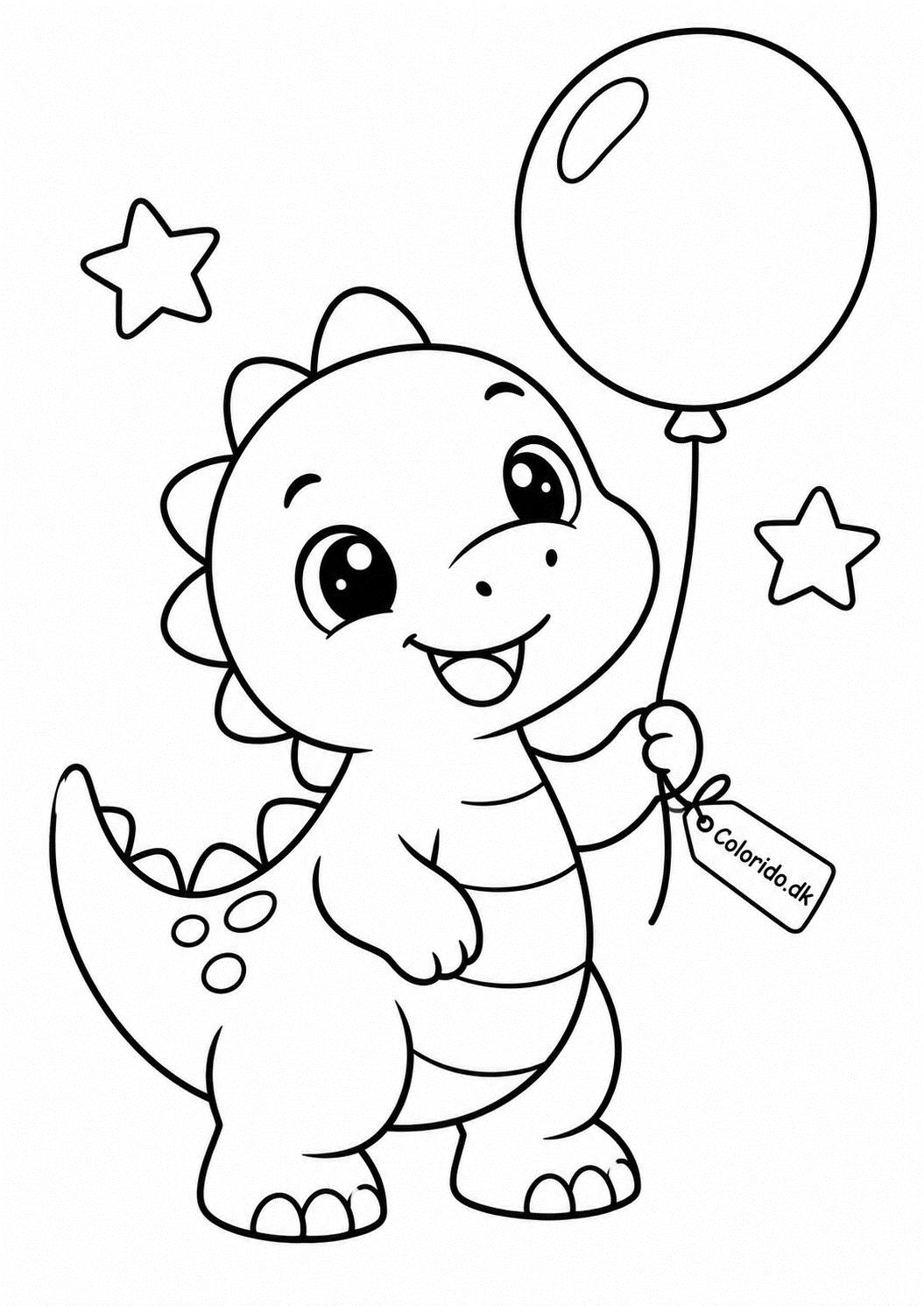 Lille kawaii dinosaur med ballon – tegning til print
