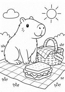 Capybara på picnic med sandwich – børnetegning