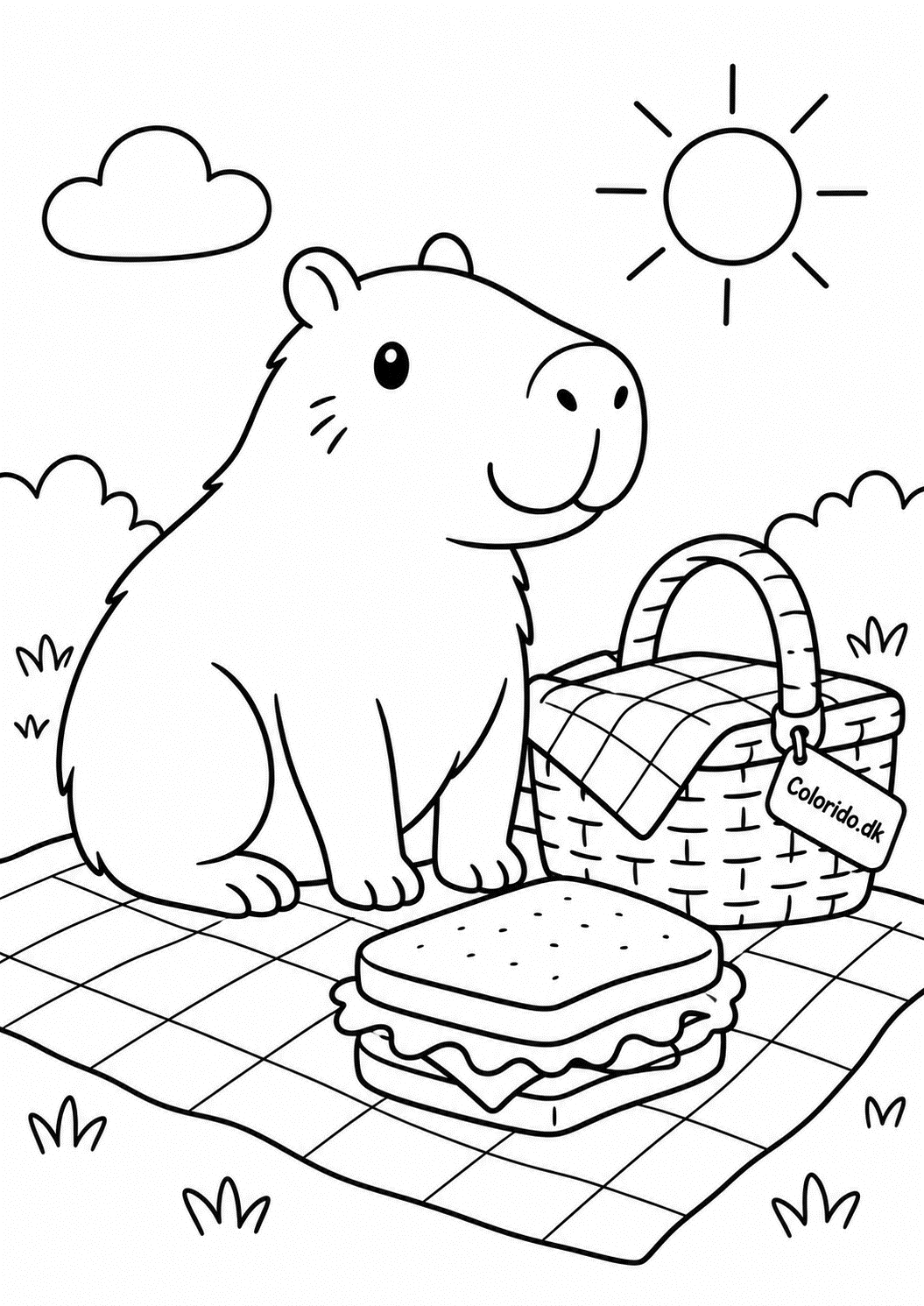 Capybara på picnic med sandwich – børnetegning