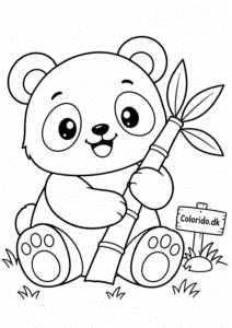 Sød kawaii panda med bambus – gratis tegning