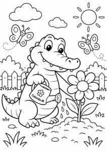 Krokodille vander en blomst – forårstegning til børn