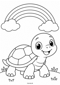 Glad skildpadde under regnbuen – gratis tegning