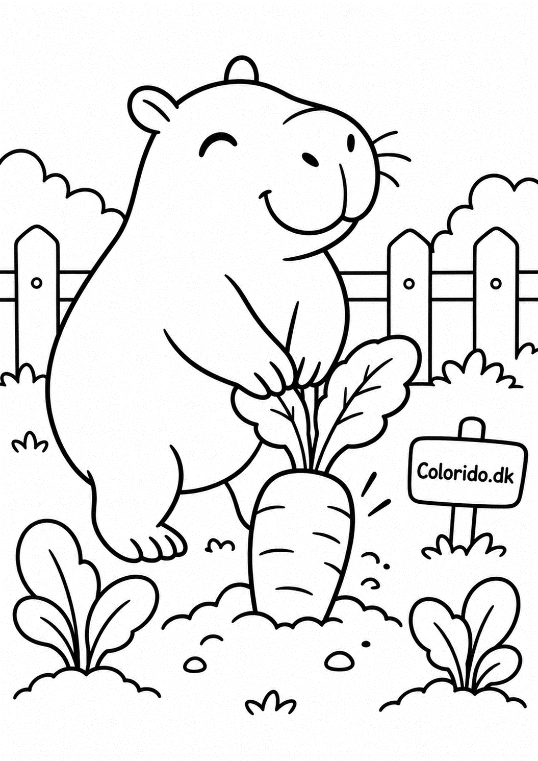 Capybara trækker en gulerod op – gratis tegning