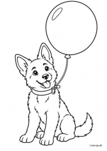 Glad hyrdehund med ballon – tegning til børn